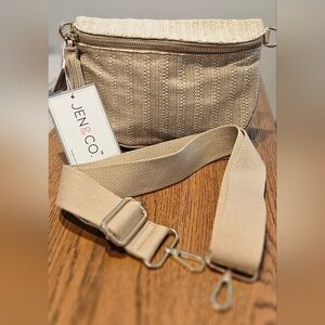 NWT Jen&Co twill belt bag crossbody beige tan cream natural with gold hardware